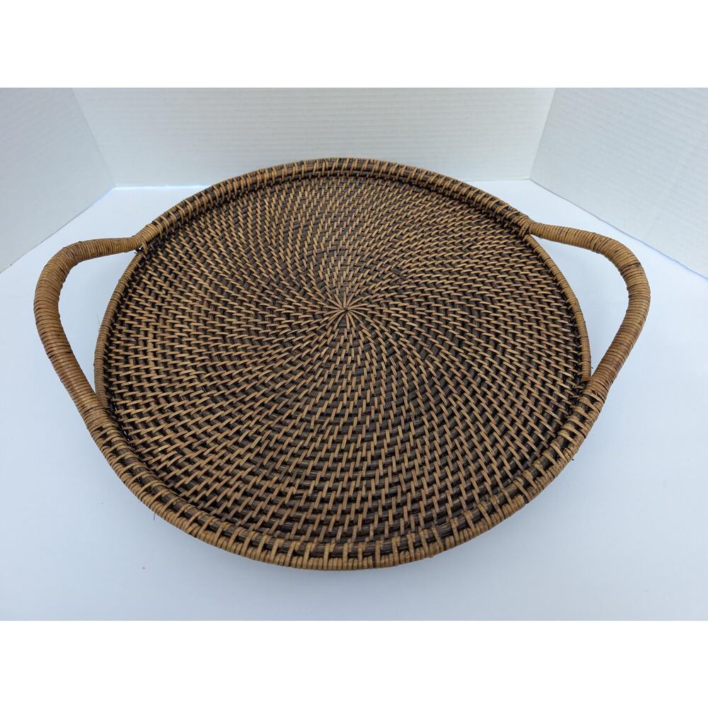 Large Round Woven Rattan Serving Tray with Solid Wood Base & Handles